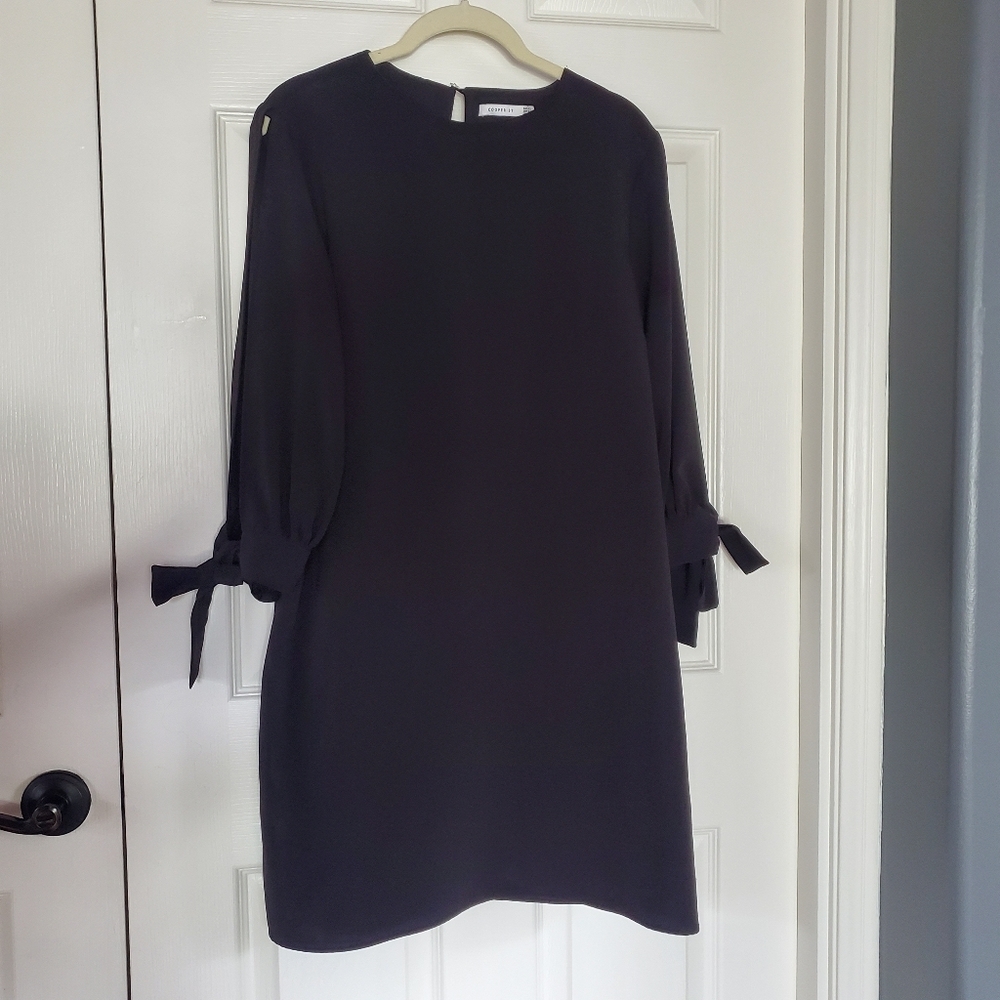 Cooper St Black Shift Midi Dress‎ Cutout Long Sleeves Tie Cuffs Back Keyhole Med